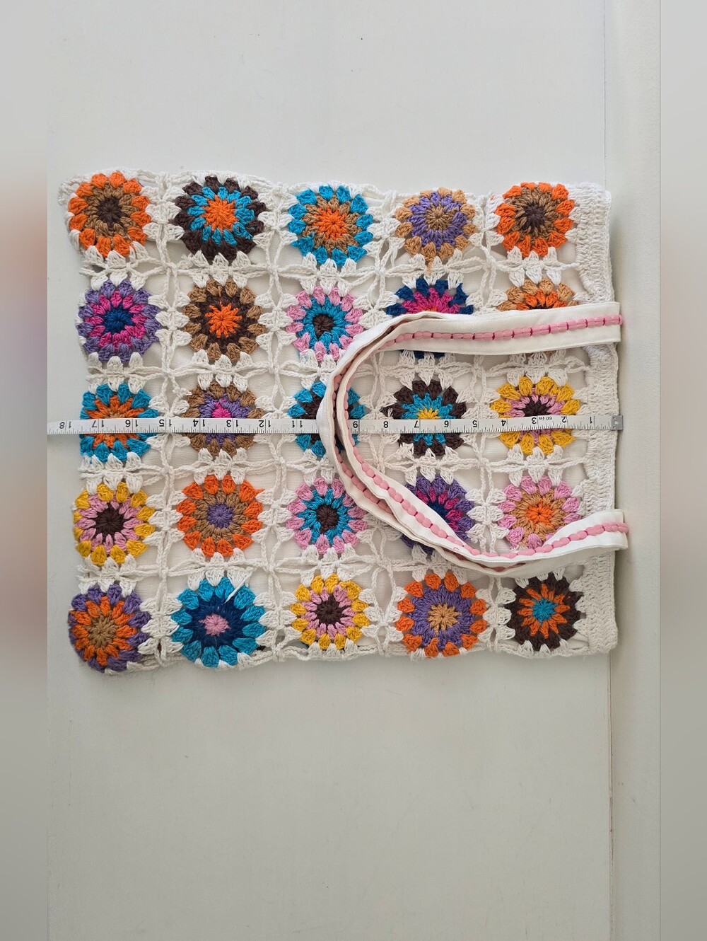 Boho Crochet Granny Square Tote Bag Colorful Floral Shoulder Bag - Picture 7 of 8